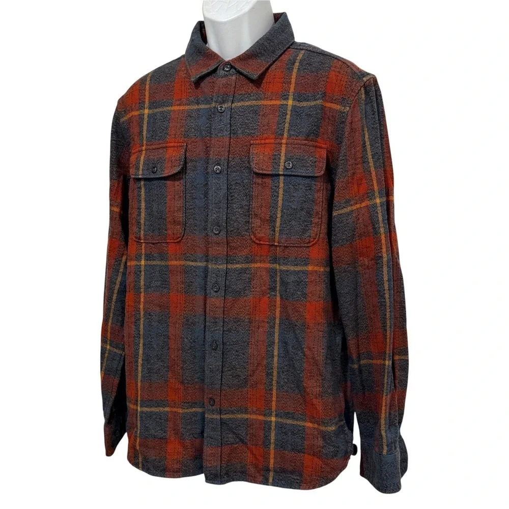 The North Face Men L Plaid Flannel Shirt 100% Cotton Orange Gray Workwear